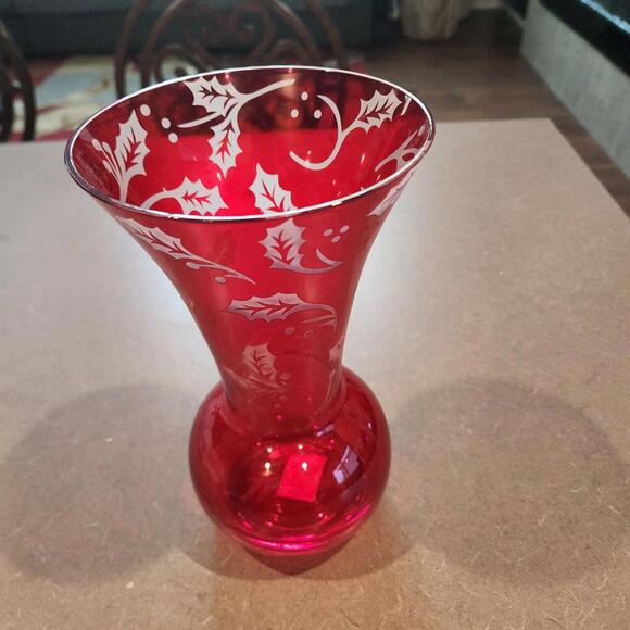 NEW in box Lenox Crystal Vase Holly Christmas Red 10" Tall  5-1/2" Rim - Picture 1 of 10